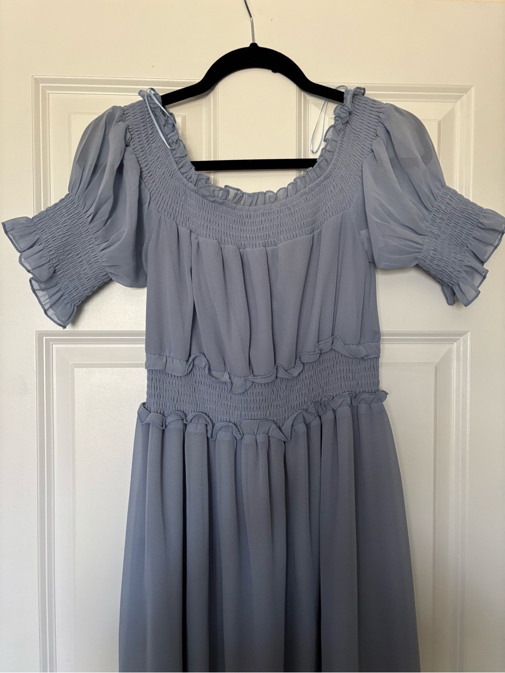 Light Blue Smocked Maxi Dress with Puff Sleeves